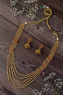 Gold Finish Floral Motif Layered Temple Necklace Set