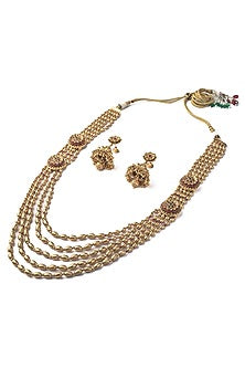 Gold Finish Floral Motif Layered Temple Necklace Set