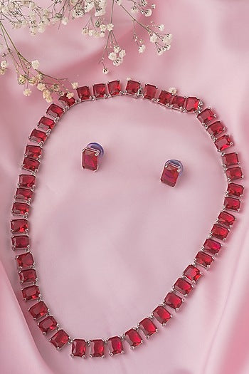 Silver Finish Red Stone Necklace Set