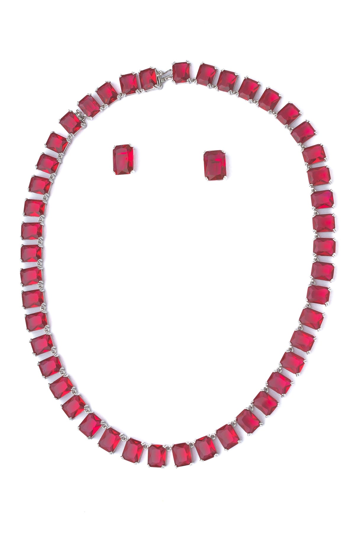 Silver Finish Red Stone Necklace Set