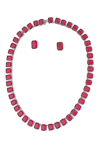 Silver Finish Red Stone Necklace Set
