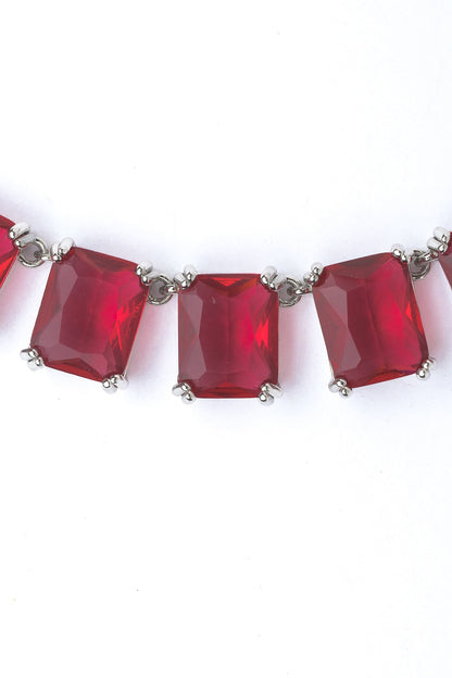 Silver Finish Red Stone Necklace Set