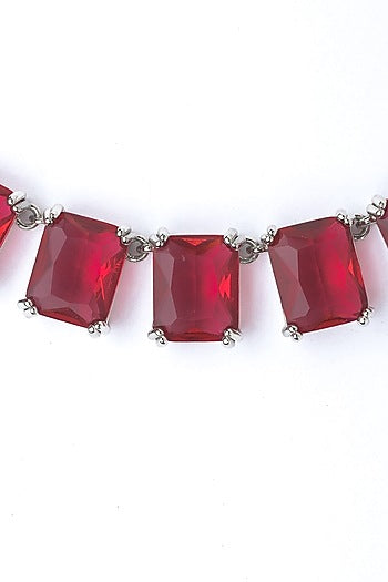 Silver Finish Red Stone Necklace Set
