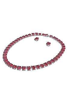 Silver Finish Red Stone Necklace Set