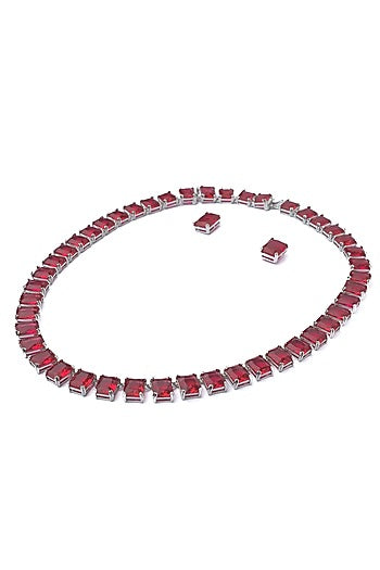 Silver Finish Red Stone Necklace Set