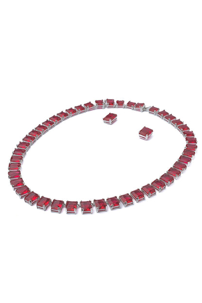 Silver Finish Red Stone Necklace Set