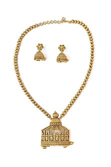 Gold Finish Long Temple Necklace Set