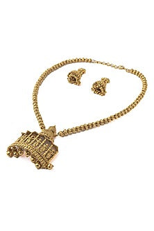 Gold Finish Long Temple Necklace Set