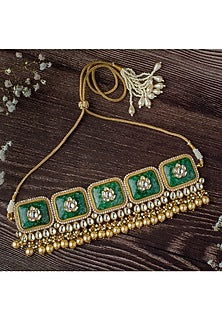 Gold Finish Kundan Polki & Green Stone Choker Necklace