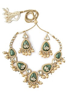 Gold Finish Kundan Polki & Green Stone Choker Necklace
