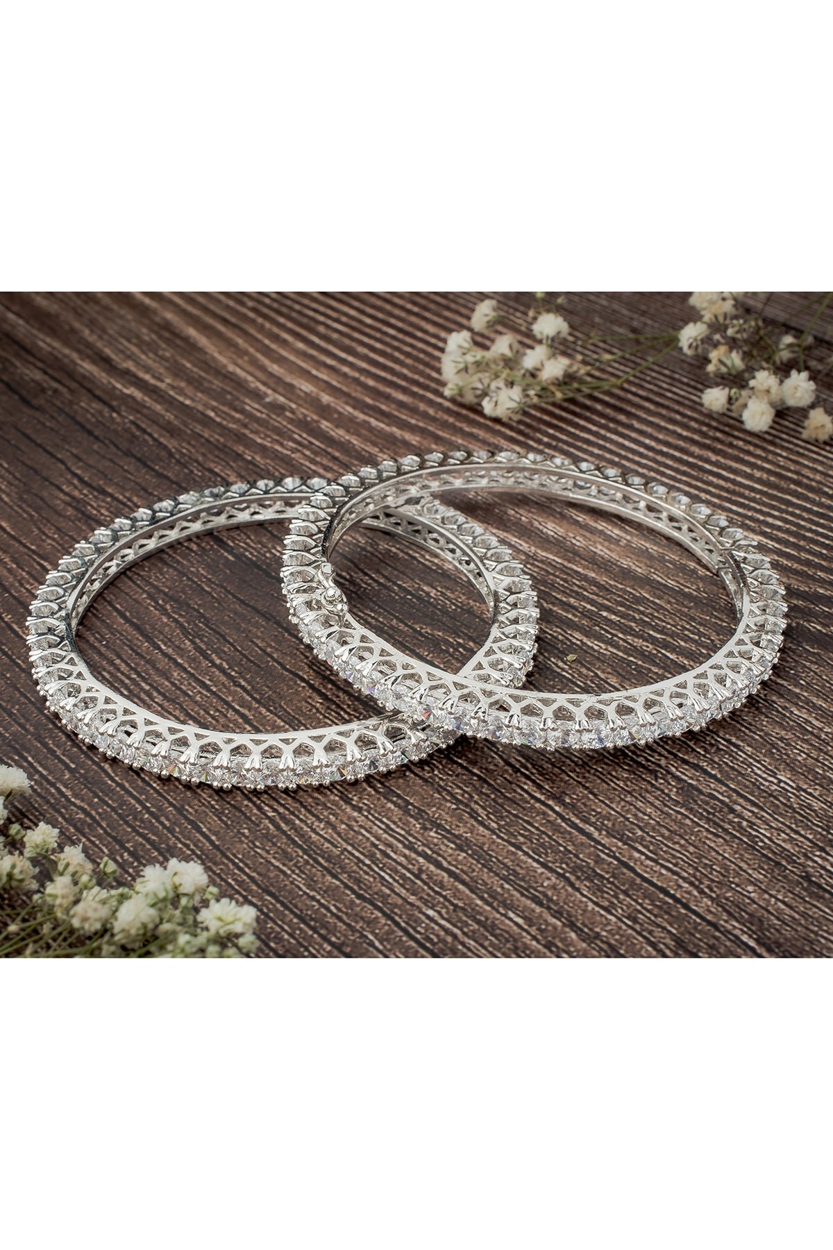 Silver Finish Zircon Bangles (Set Of 2)