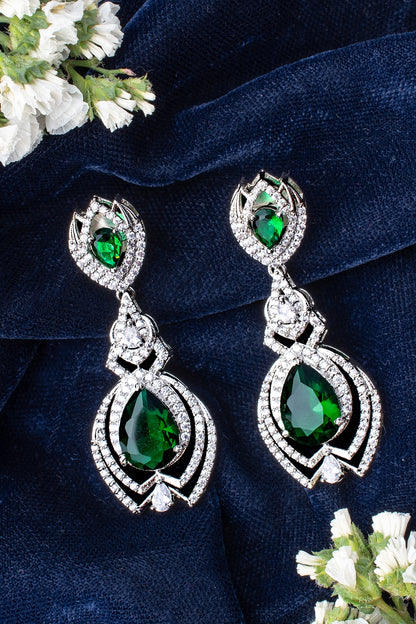 Silver Finish Zircon & Green Gem Stone Dangler Earrings