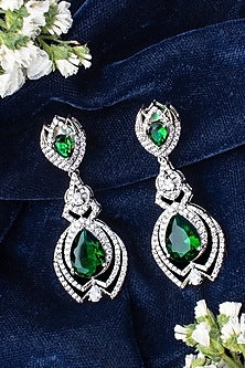 Silver Finish Zircon & Green Gem Stone Dangler Earrings