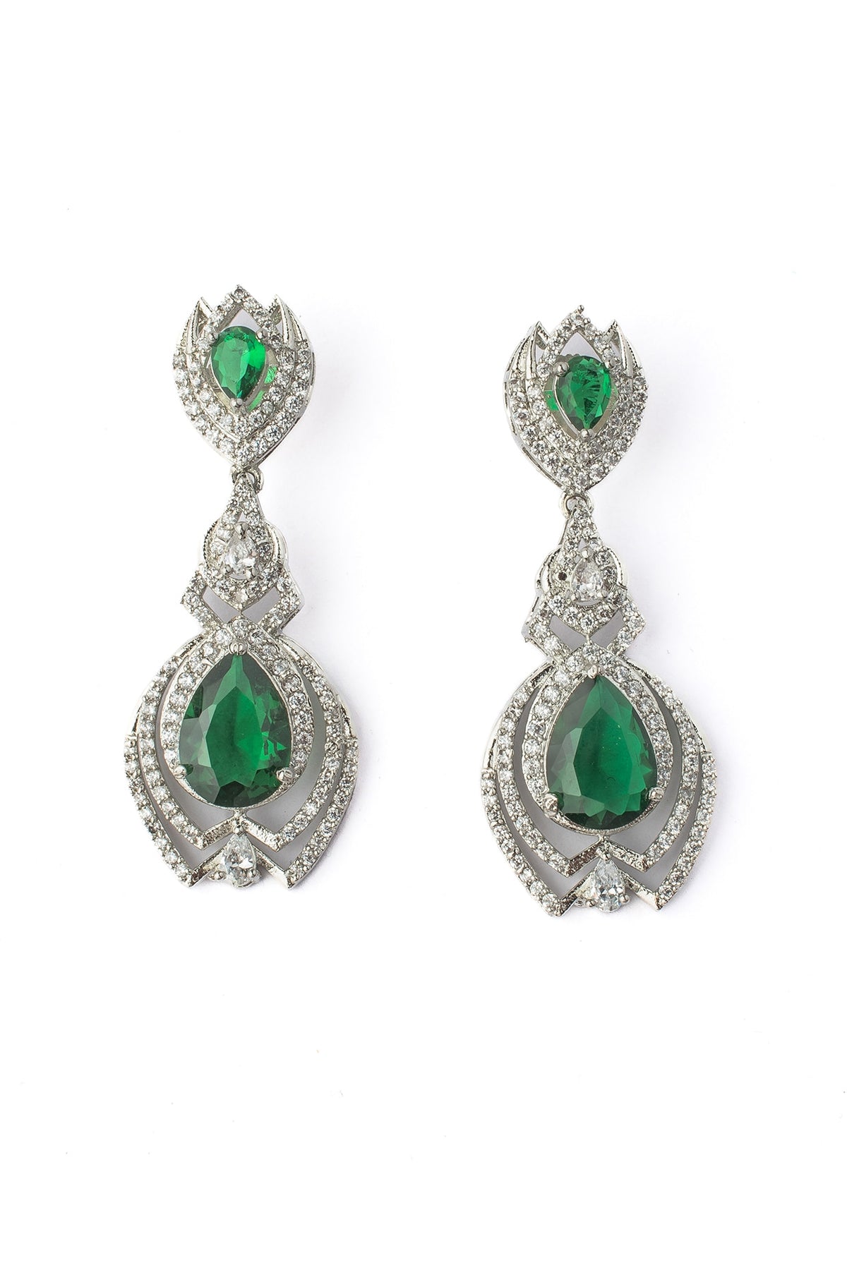 Silver Finish Zircon & Green Gem Stone Dangler Earrings