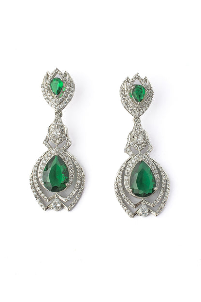 Silver Finish Zircon & Green Gem Stone Dangler Earrings