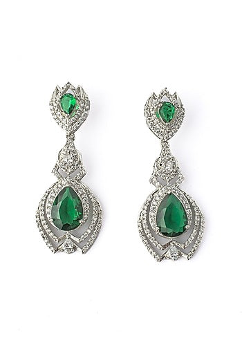 Silver Finish Zircon & Green Gem Stone Dangler Earrings