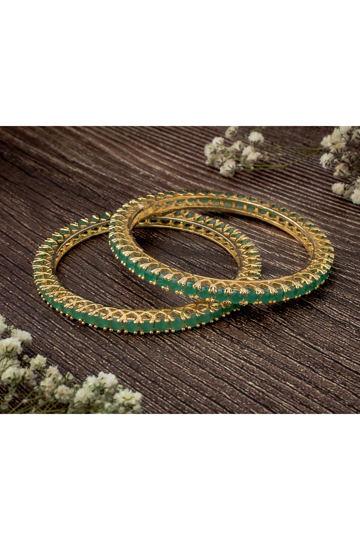 Gold Finish Green Gemstone Bangles (Set Of 2)