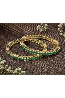Gold Finish Green Gemstone Bangles (Set Of 2)
