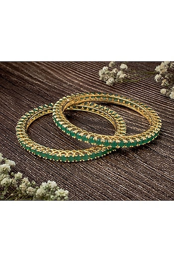 Gold Finish Green Gemstone Bangles (Set Of 2)