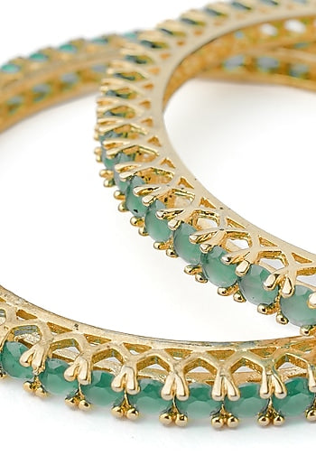 Gold Finish Green Gemstone Bangles (Set Of 2)