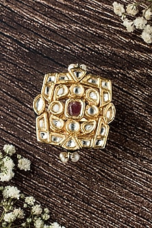 Gold Finish Kundan Polki & Ruby Stone Handcrafted Ring