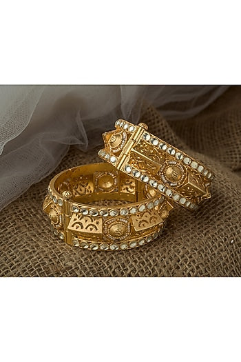 Gold Finish Kundan Polki & Mirror Work Bangles (Set Of 2)