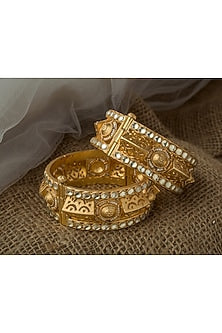 Gold Finish Kundan Polki & Mirror Work Bangles (Set Of 2)