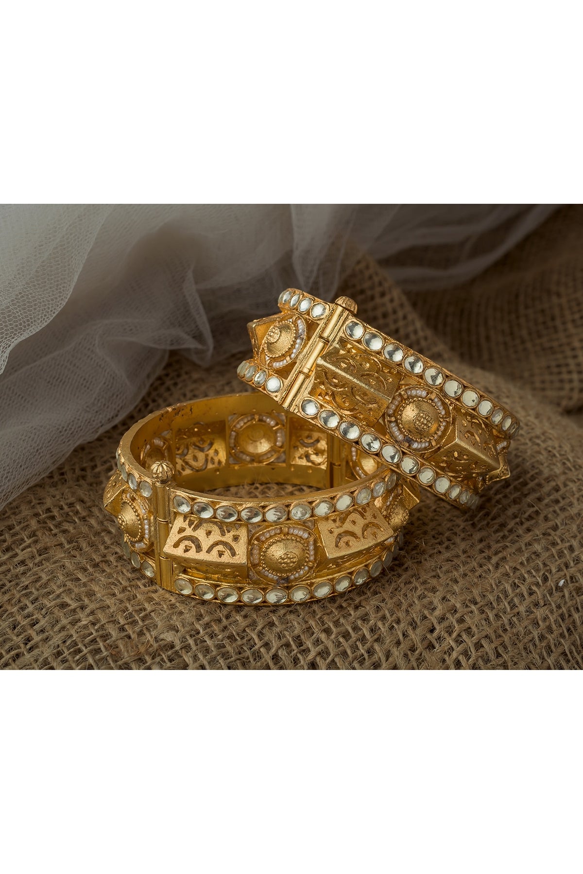 Gold Finish Kundan Polki & Mirror Work Bangles (Set Of 2)