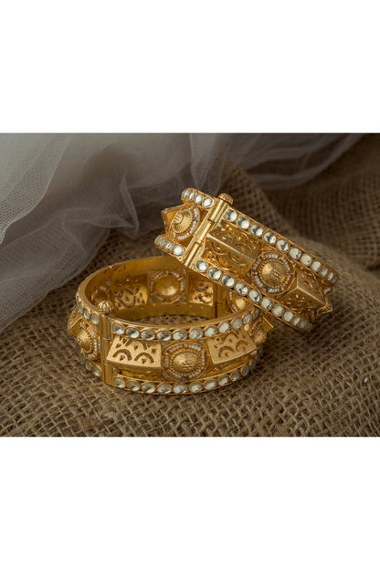 Gold Finish Kundan Polki & Mirror Work Bangles (Set Of 2)
