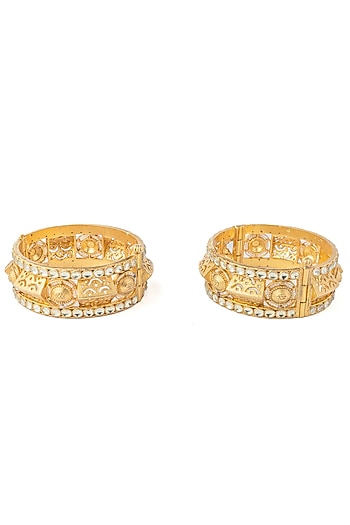 Gold Finish Kundan Polki & Mirror Work Bangles (Set Of 2)