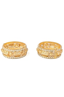 Gold Finish Kundan Polki & Mirror Work Bangles (Set Of 2)