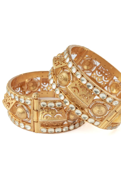 Gold Finish Kundan Polki & Mirror Work Bangles (Set Of 2)