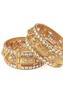 Gold Finish Kundan Polki & Mirror Work Bangles (Set Of 2)