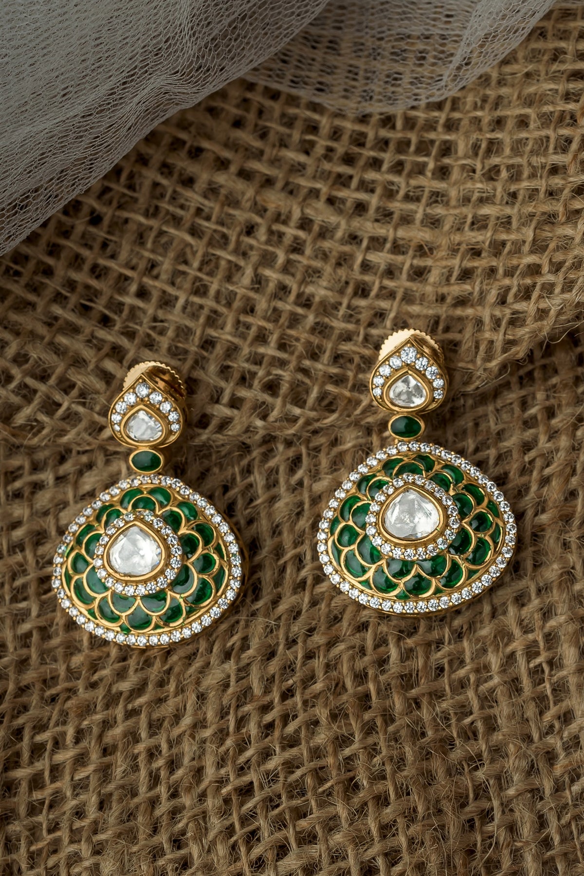 Gold Finish Diamond Green Enameled Earrings
