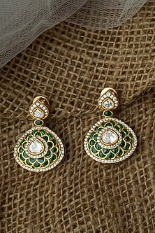 Gold Finish Diamond Green Enameled Earrings
