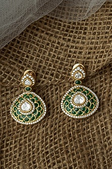 Gold Finish Diamond Green Enameled Earrings