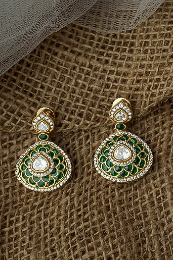 Gold Finish Diamond Green Enameled Earrings