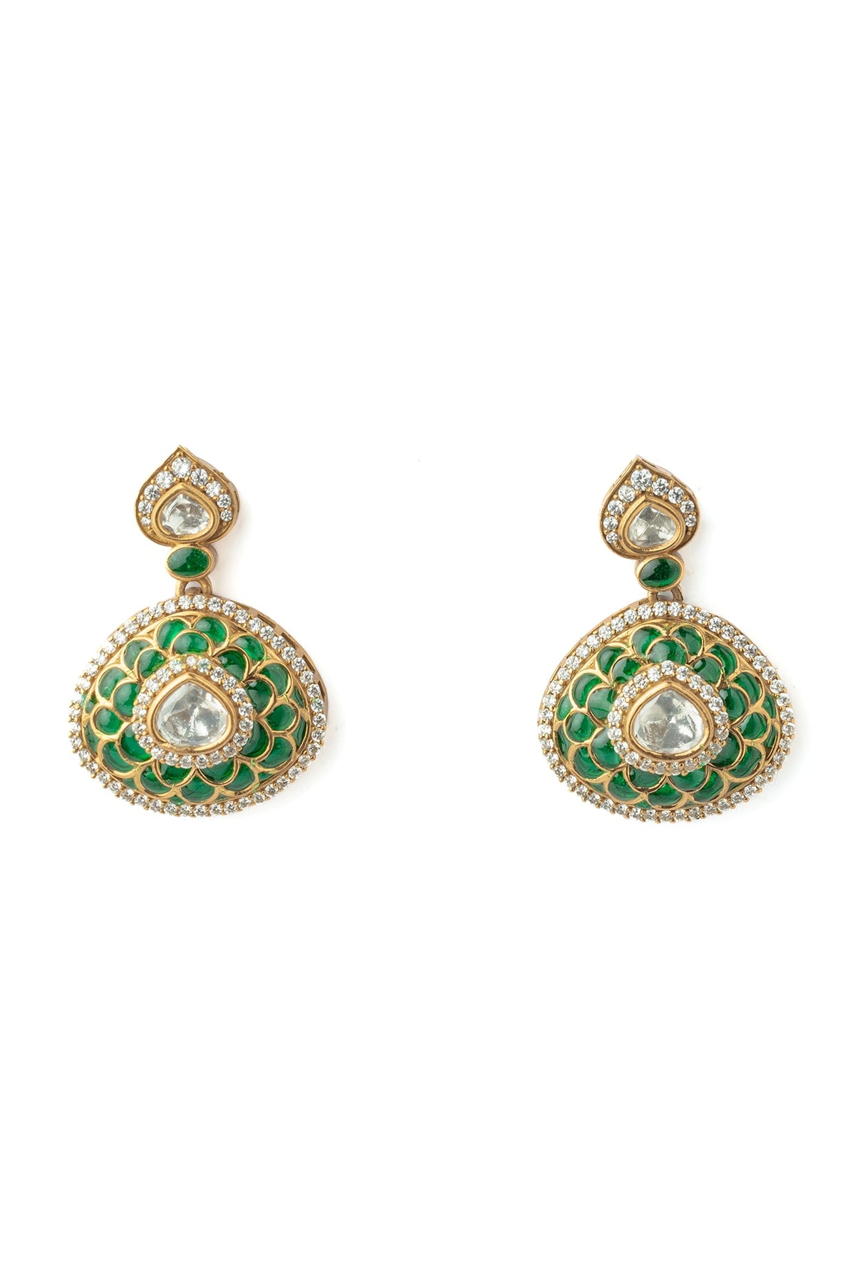 Gold Finish Diamond Green Enameled Earrings