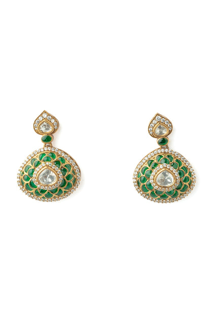 Gold Finish Diamond Green Enameled Earrings
