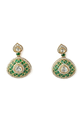 Gold Finish Diamond Green Enameled Earrings