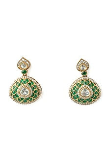 Gold Finish Diamond Green Enameled Earrings