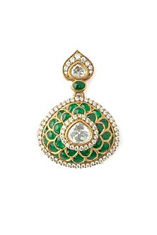 Gold Finish Diamond Green Enameled Earrings