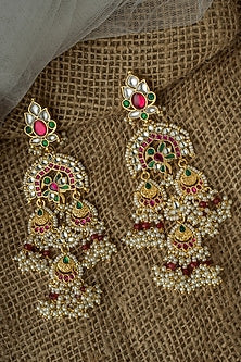 Gold Finish Diamond & Pearl Chandelier Earrings