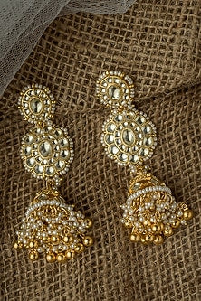 Gold Finish Kundan Polki & Diamond Jhumka Earrings
