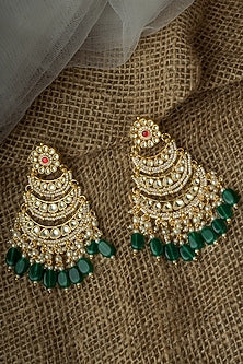 Gold Finish Kundan Polki & Green Beaded Chandelier Earrings