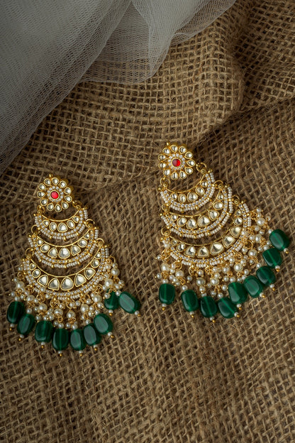Gold Finish Kundan Polki & Green Beaded Chandelier Earrings