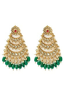 Gold Finish Kundan Polki & Green Beaded Chandelier Earrings