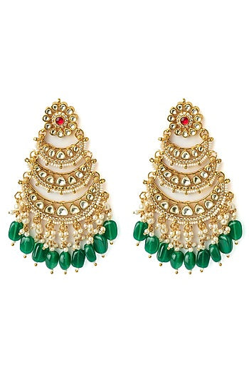 Gold Finish Kundan Polki & Green Beaded Chandelier Earrings