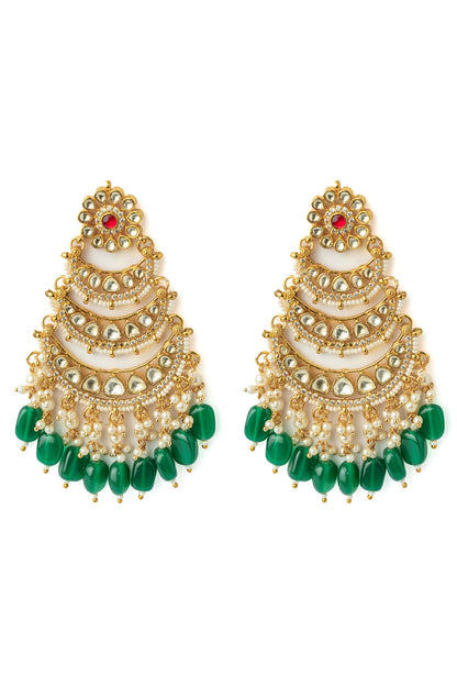 Gold Finish Kundan Polki & Green Beaded Chandelier Earrings