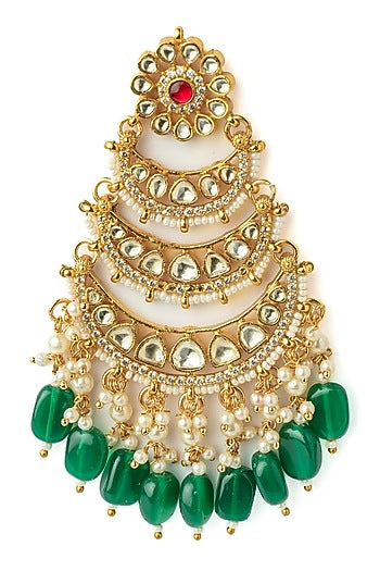 Gold Finish Kundan Polki & Green Beaded Chandelier Earrings